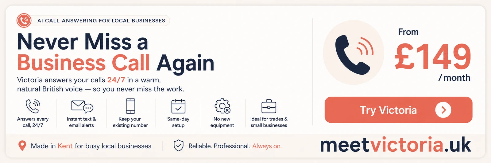 Victoria — never miss a call again. 24/7 UK call answering service for busy businesses.